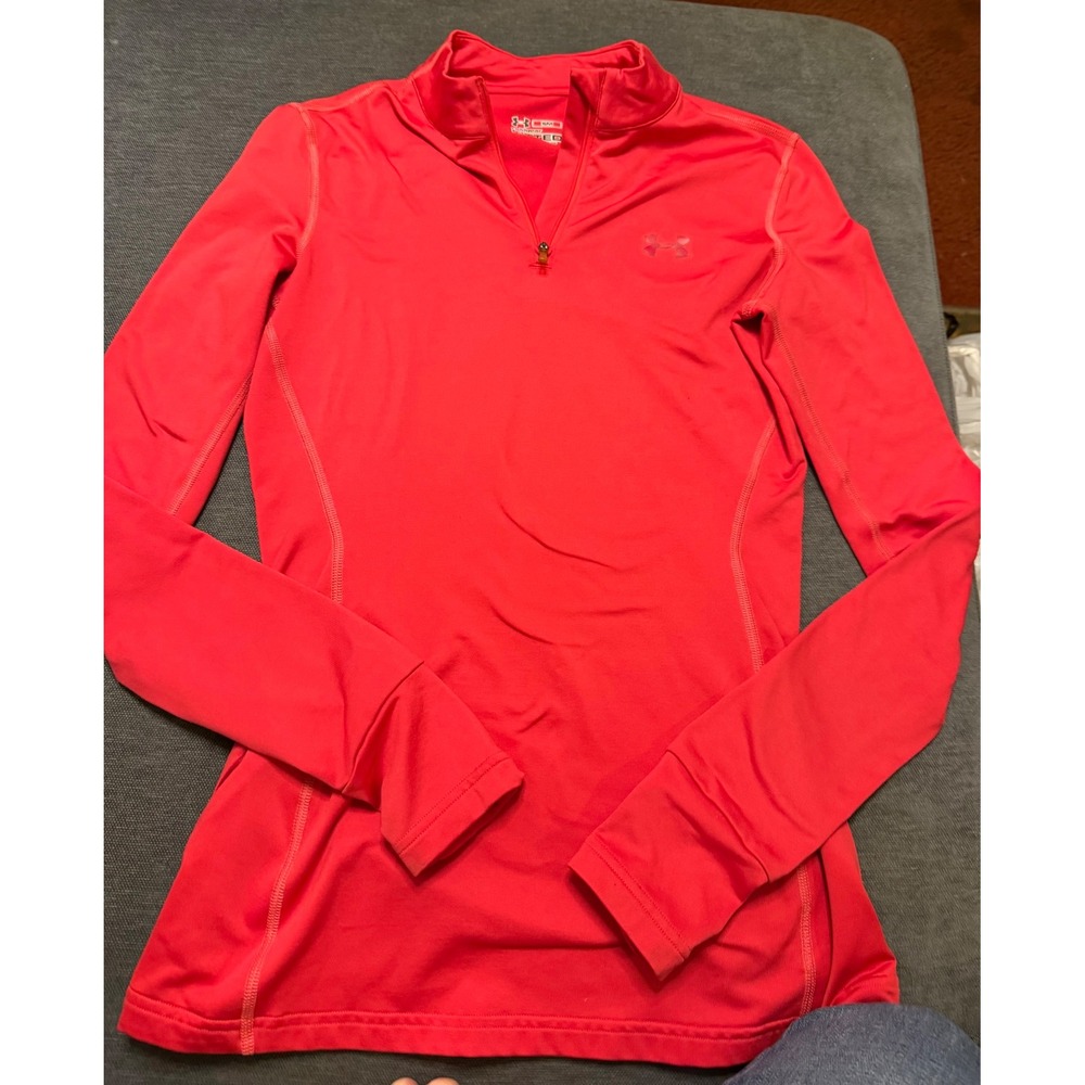 Under Armour ColdGear Fitted Quarter Zip Pullover Red Thumbhole Women Small